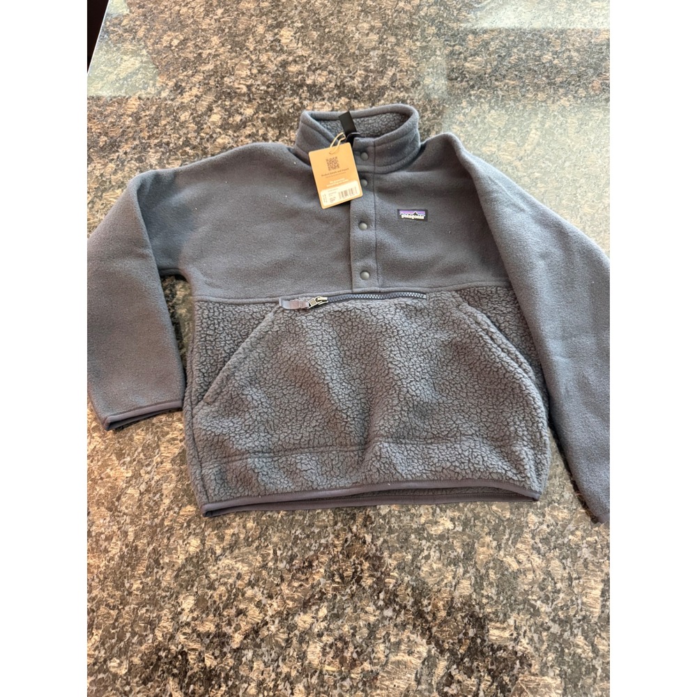 Patagonia Kids Cozy Fluff Pullover‎ Smolder Blue Fleece Snap-T 65175 NEW S 7-8